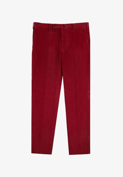 Pantalons en velours côtelé rouge avec une coupe droite, dotés de poches avant, d'une fermeture à bouton et d'une surface texturée.