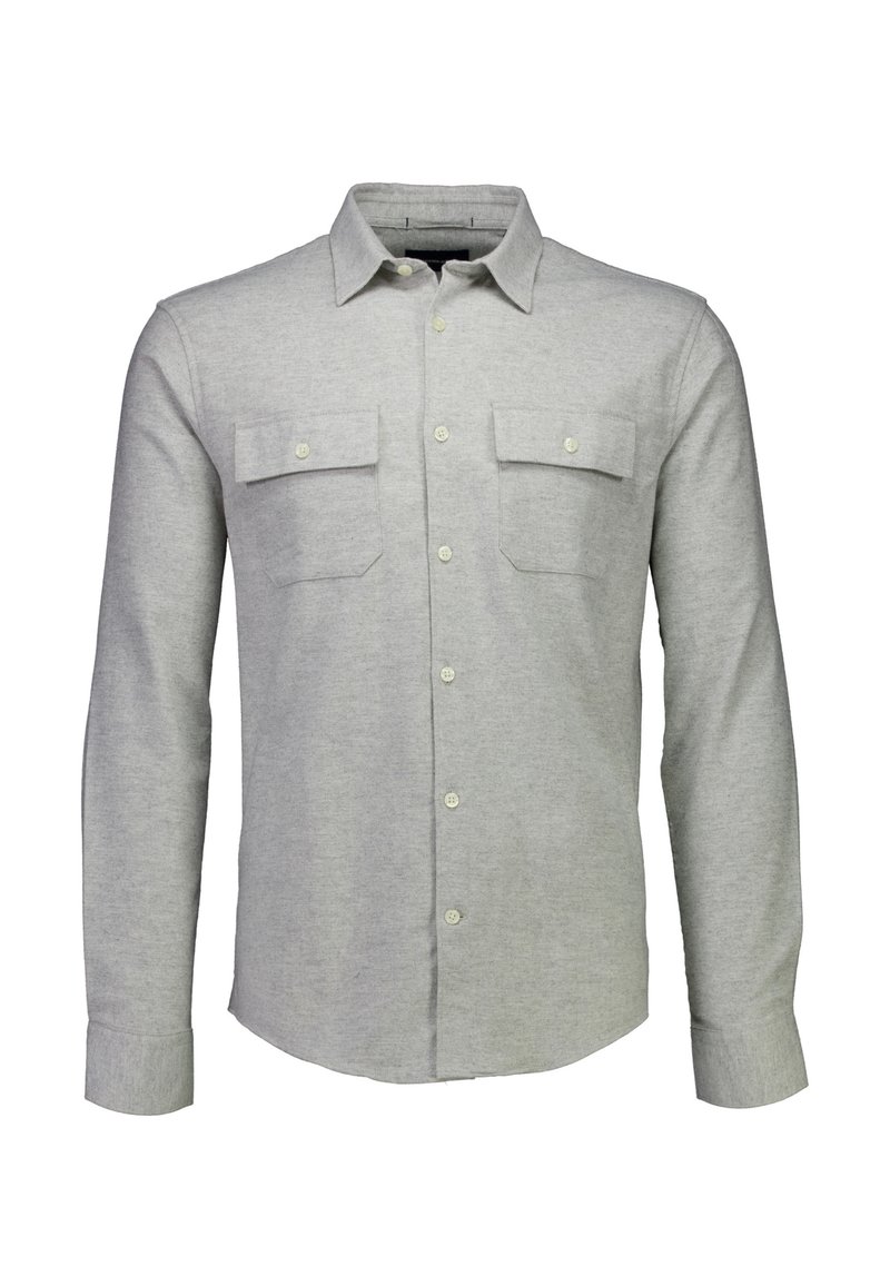 Langarmshirt van lichtgrijze stof met een gladde textuur. Bevat twee borstzakken, knopen aan de voorkant en een klassieke kraag.
