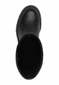 Czarny skórzany but z zaokrąglonym noskiem, gładką teksturą i grubą gumową podeszwą. Wnętrze jest ciemne, bez widocznych elementów metalowych lub wzorów.