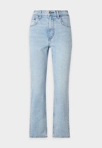 Jean en denim bleu clair avec une taille haute, design à jambe droite, légères décolorations et coutures contrastantes. Fermeture classique par bouton et zip.