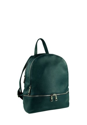 Sac à dos en cuir vert foncé avec une finition texturée, de forme arrondie, fermeture à double zip et poignées supérieures pour le transport.