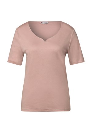 Světle růžový top s krátkým rukávem a výstřihem do V. Vyroben z měkké tkaniny s hladkým povrchem. Jednoduchý, neformální střih bez vzorů nebo akcentů.