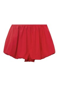 Pantaloni scurți roșii, ușori, cu un tiv elastic. Prezintă un design liber, evazat și material gathered pentru o potrivire relaxată.