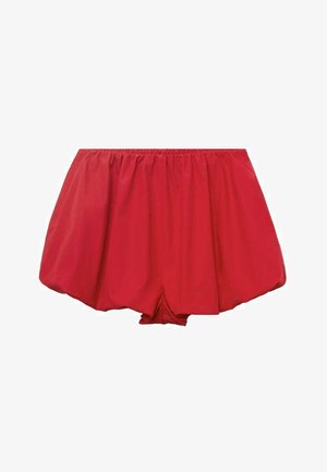 Pantaloni scurți roșii, ușori, cu un tiv elastic. Prezintă un design liber, evazat și material gathered pentru o potrivire relaxată.