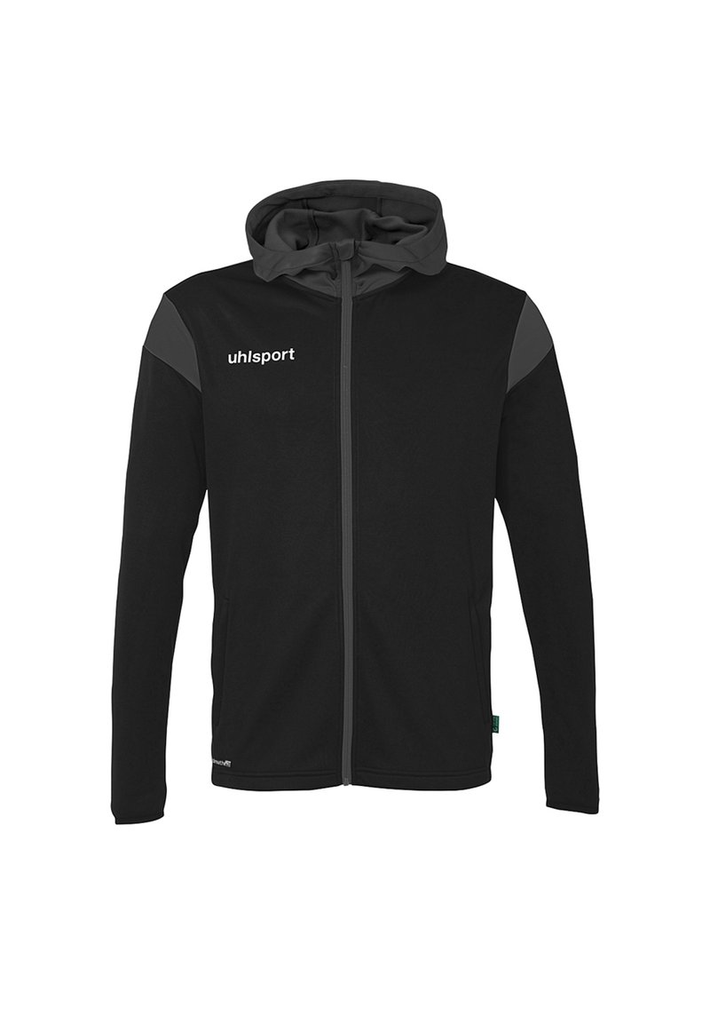 Sort hættetrøje med grå detaljer, lynlåslukning foran og logo på brystet. Har lange ærmer og et struktureret stof.