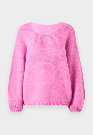 Ροζ πλεκτή ζακέτα με στρογγυλή λαιμόκοψη, φαρδιά μανίκια και ριμπ μανσέτες. Μαλακή υφή και άνετη εφαρμογή.