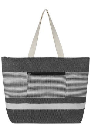 Black and white tote bag with a textured pattern, zippered top, and front pocket, featuring two cream-colored handles.