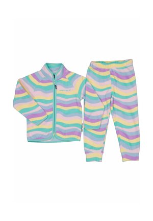 Børnefleecesæt med jakke og bukser med pastelfarvede bølgede striber i gul, lilla, grøn, blå og pink, lynlås foran og elastisk linning på bukserne.