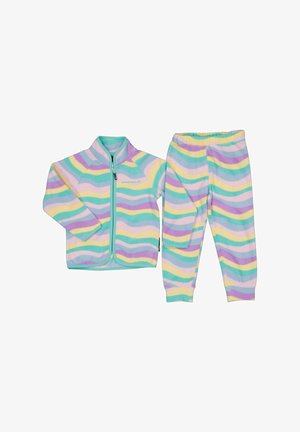 Lasten fleece-takki ja housut, joissa pastellin sävyisiä aaltoilevia raitoja keltaisena, violetina, vihreänä, sinisenä ja vaaleanpunaisena, vetoketjulla edessä ja joustavalla vyötärönauhalla housuissa.