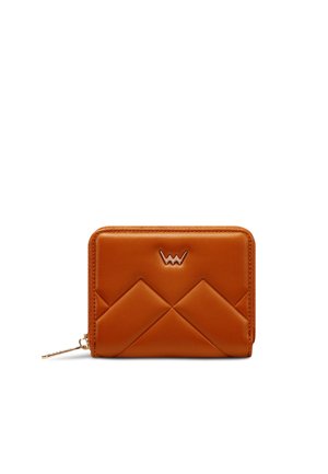 Orange leather wallet with a quilted geometric design, featuring a zip closure and a decorative metal logo on the front.