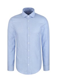 Chemise habillée à manches longues bleu clair avec un petit motif à carreaux et un col classique, présentée sur un fond blanc.
