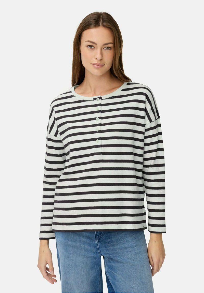 Gestreepte langemouwige blouse in lichtgroen en zwart met een ronde halslijn, knoopsluiting en een losse pasvorm voor comfort.