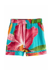 Bunte Badekürzel mit türkisem Hintergrund und großen pinken und orangen Blumenmustern, elastischem Bund und gewelltem Saum.