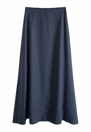 Navy blue A-line skirt with a high waist, smooth fabric, and vertical seams running down the front, extending to the hem.