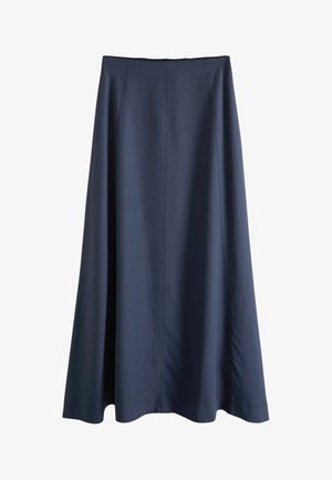 Mørkeblå A-formet nederdel med høj talje, glat stof og lodrette syninger, der løber ned foran og fortsætter til kanten.