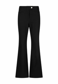 Pantalon noir évasé taille haute avec passants de ceinture, poches avant et une fermeture à un seul bouton à la taille.