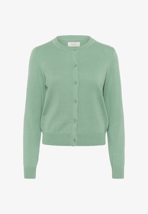 Svetlozelený pletený sveter s dlhými rukávmi, okrúhlym výstrihom a zapínaním na gombíky. Jemná ribovaná textúra s priliehajúcim lemom a manžetami.