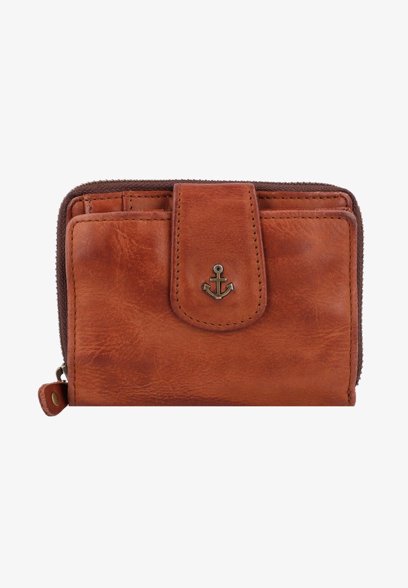 Cartera de cuero marrón con un acabado texturizado, cierre de cremallera y un emblema de ancla en la parte frontal. Presenta múltiples ranuras para tarjetas y un botón a presión.