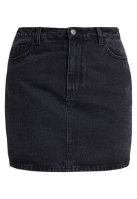 Jupe en jean noire à coupe ajustée, longueur moyenne, fermeture à boutons sur le devant et style classique à cinq poches. Le tissu présente une légère brillance.