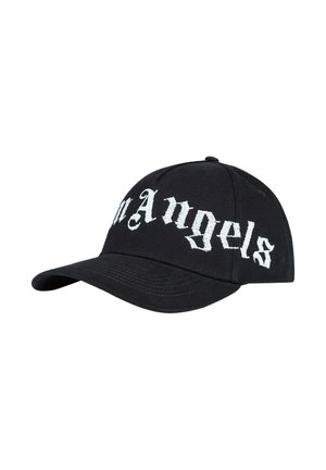 Cappellino da baseball nero con visiera curva e testo bianco in stile Old English "mAngels" sul pannello frontale.