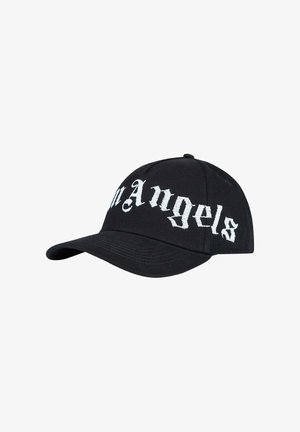 Cappellino da baseball nero con visiera curva e testo bianco in stile Old English "mAngels" sul pannello frontale.