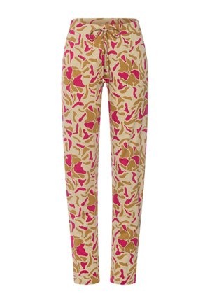 Beige taps toelopende broek met een roze en bruine abstracte bloemenprint, een elastische tailleband en een verstelbaar koord aan de voorkant.