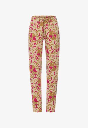 Beżowe spodnie zwężane z różowo-brązowym abstrakcyjnym kwiatowym wzorem, elastycznym pasem i sznurkiem z przodu do wiązania.