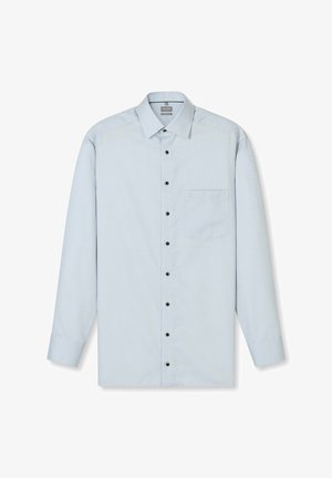 Light blue button-up shirt with long sleeves, front pocket, black buttons, and a subtle textured pattern throughout.