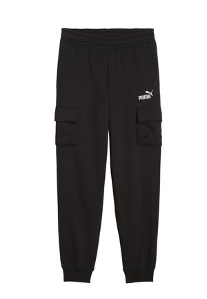Schwarze Cargo-Hosen mit elastischem Bund, ausgestattet mit zwei Seitentaschen und dem weißen PUMA-Logo am Oberschenkel.