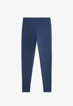 Marineblå leggings lavet af et glat, strækbart stof. De har en høj talje og et tætsiddende design, der smalner ind ved anklen.