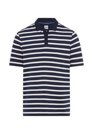 Marineblaue und weiße horizontal gestreifte Polo-Shirt mit kurzen Ärmeln, einem dunklen Kragen und einer Knopfleiste mit zwei Knöpfen.