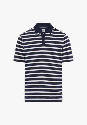 Marineblaue und weiße horizontal gestreifte Polo-Shirt mit kurzen Ärmeln, einem dunklen Kragen und einer Knopfleiste mit zwei Knöpfen.