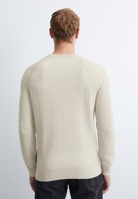 Beige neule, jossa on pitkät hihat ja pyöreä kaula-aukko, ja jossa on hieman pidempi takahelma ja hillitty rakenne.