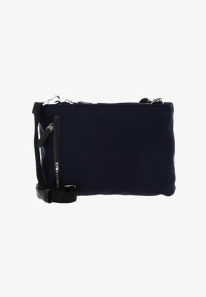 Sac bandoulière en nylon bleu marine avec ferrures argentées, fermeture éclair et bandoulière amovible. Comprend une poche latérale zippée avec tirette de marque.