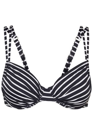 Μαύρο και άσπρο ριγέ μπικίνι τοπ με ρυθμιζόμενους ιμάντες και σχεδίαση με επένδυση και ελαστική στήριξη. Διαθέτει συγκεντρωμένο κέντρο για επιπλέον σχήμα.