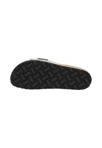 Sandal sole with a textured black rubber outsole. Upper features a cork base and metallic silver accents, providing a lightweight design.