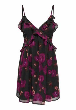 Vestido negro sin mangas con estampado floral en rosa y marrón, con tirantes finos y detalles fruncidos a lo largo del escote y la cintura.