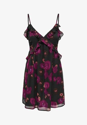 Czarna sukienka bez rękawów z różowo-brązowym kwiatowym wzorem, z cienkimi ramiączkami i marszczonymi detalami wzdłuż dekoltu i talii.