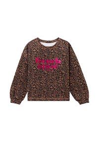 Sweatshirt en imprimé jaguar marron et noir, avec du texte "french muse" en rose. Manches longues avec poignets côtelés, coupe décontractée et ample.