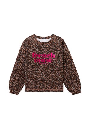 Sudadera con estampado de leopardo en marrón y negro, con texto en rosa "musa francesa". Manga larga con puños acanalados, ajuste casual y holgado.