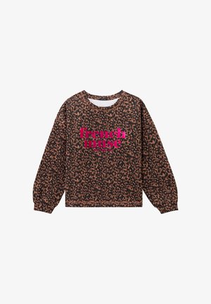 Leopardprint sweatshirt in bruin en zwart, met roze tekst "French Muse". Lange mouwen met rib gebreide manchetten, casual boxy fit.