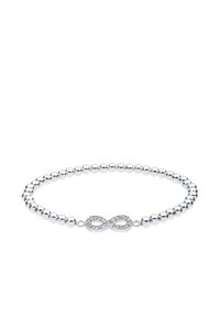 Silberner Perlenarmband mit glatter Oberfläche, ausgestattet mit einem Unendlichkeitssymbol, das in der Mitte von kleinen klaren Steinen geschmückt ist.