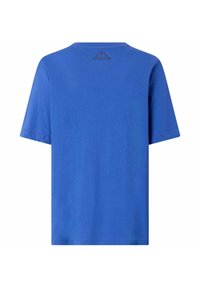 T-shirt blu a maniche corte in cotone, con collo rotondo e logo ricamato in filo scuro sulla parte alta della schiena.