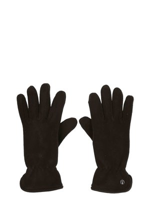 Zwarte fleece handschoenen met vijf vingers, elastische pols en een klein logoaccent. Zachte textuur en aansluitend ontwerp voor warmte.