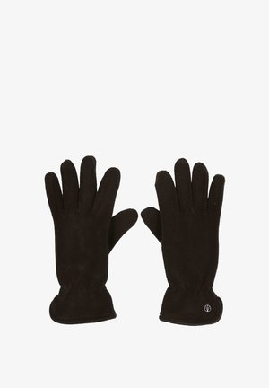 Fekete fleece kesztyű öt ujjal, rugalmas csuklóval és egy apró logóval. Simább textúra és testhezálló dizájn a melegség érdekében.