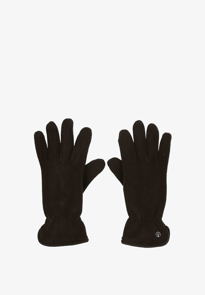 Schwarze Fleece-Handschuhe mit fünf Fingern, elastischem Handgelenk und einem kleinen Logo-Detail. Glatte Textur und tailliertes Design für Wärme.