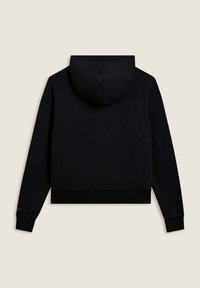 Hoodie nero corto con cappuccio regolabile, polsini e orlo a costine, realizzato in un tessuto morbido. Design minimalista senza motivi o dettagli visibili.