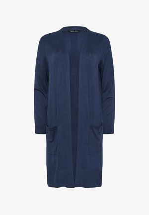 Cardigan long bleu marine ouvert sur le devant avec manches longues et deux poches avant, en tissu tricoté.