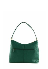 Bolso de mano de cuero verde con una textura suave, silueta curva, parte superior con cremallera y un bolsillo frontal acentuado con herrajes dorados.