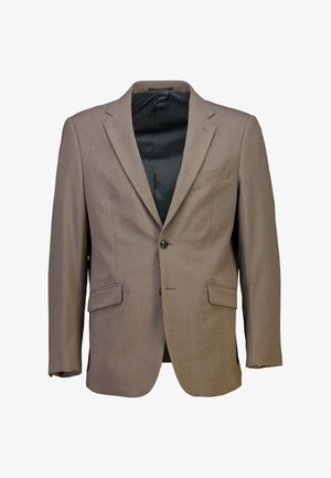Brauner Blazer aus glattem, strukturiertem Stoff, mit zwei vorderen Taschen, Ein-Knopf-Verschluss und schwarzem Satinfutter. Maßgeschneiderte Passform, strukturierte Form.